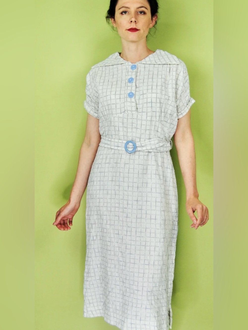 RARE 1950’s Meda Moon Belted Shirt Dress with Green & Navy Grid